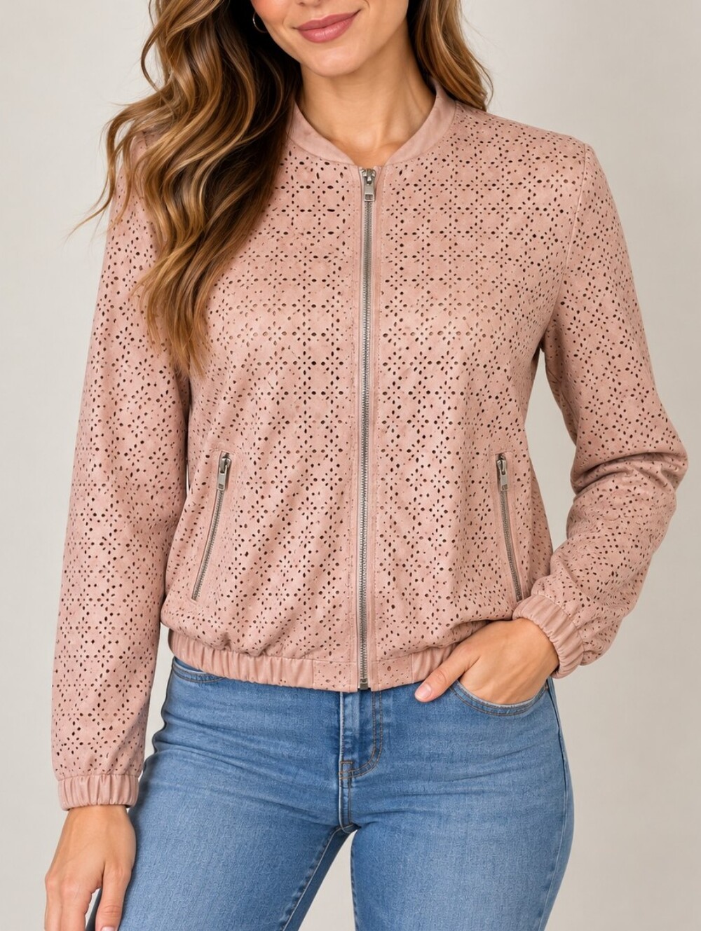 ZARA TRF TRAFALUC Women’s Pink Beige Laser Cut Faux Suede Jacket Size S